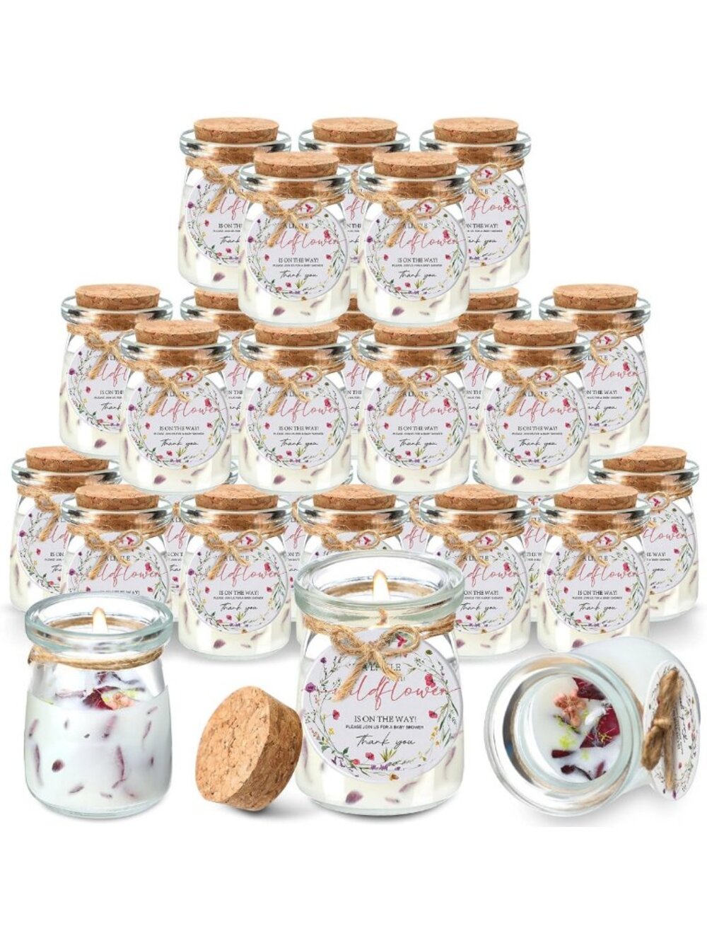 20 Wildflower Baby Shower Favor Candles in Glass Jars - Perfect Party Gifts